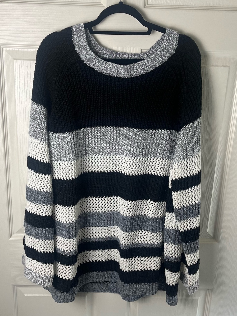Striped Open-Knit Crewneck Sweater - Black, Gray & White
